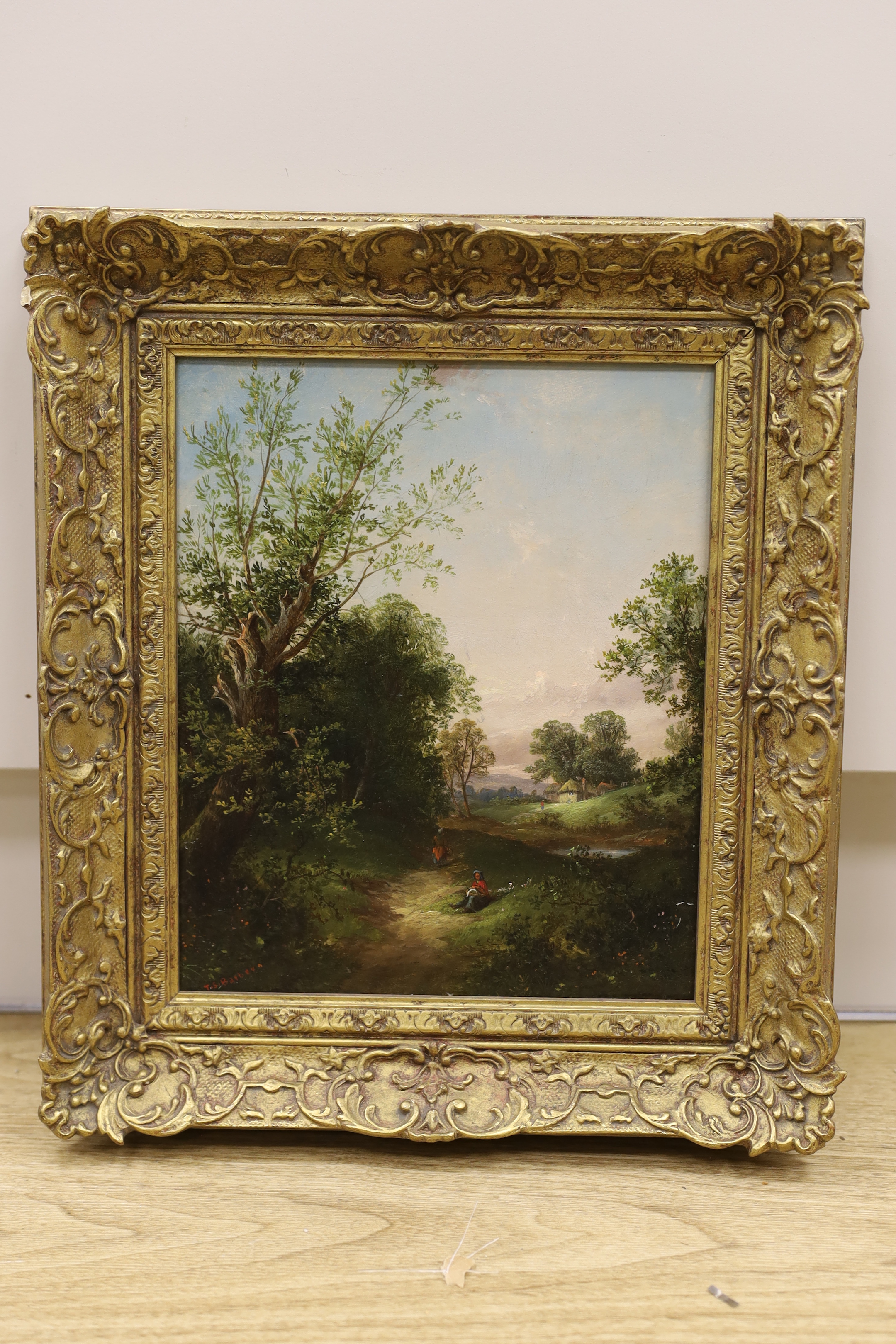 Thomas Stanley Barber (fl.1891-1899), oil on canvas, Rural landscape with figures, signed, inscribed in ink verso, 29 x 23cm, ornate gilt frame